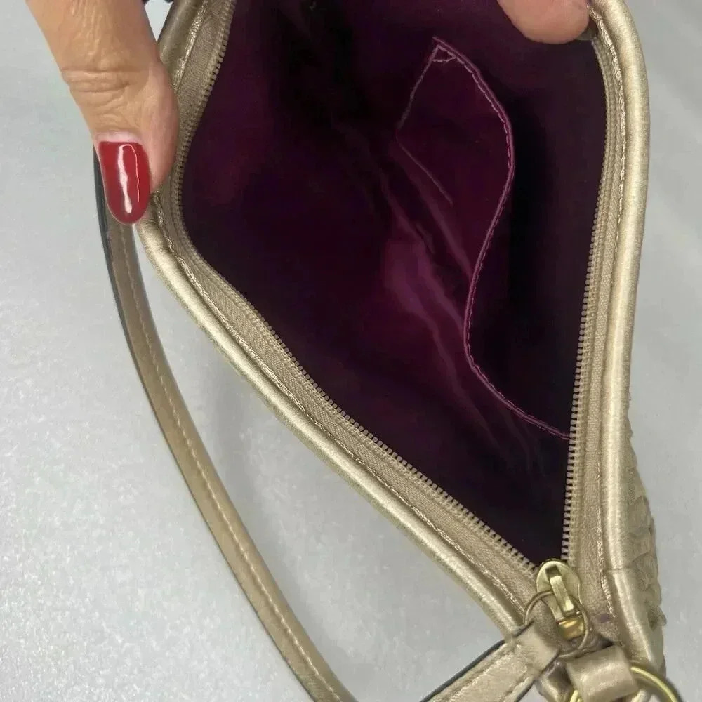COACH Signature Madison Gold Gathered Pleated Leather‎ Strap Handbag Wristlet - Picture 7 of 13